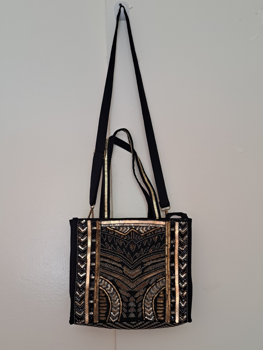 American & Beyond Black Tote Bag with Gold Sequin Embellishment Geometric Art